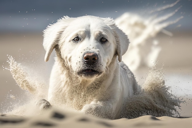 An upclose look of a white dog running about on the beach