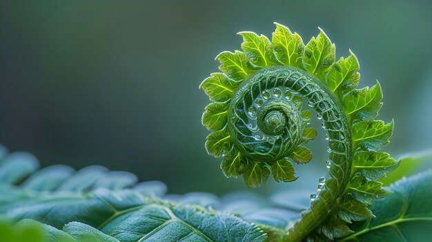 An upclose pare depth of field shot of a swirling fern leaf In the woodlands space Generative AI