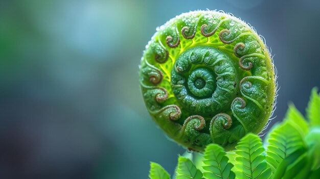 An upclose pare depth of field shot of a swirling fern leaf In the woodlands space Generative AI