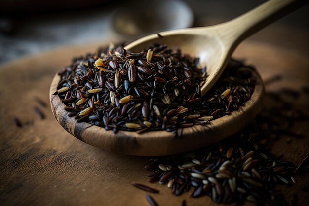 An upclose photograph of longgrain wild rice served with a wooden spoon on a white tablecloth