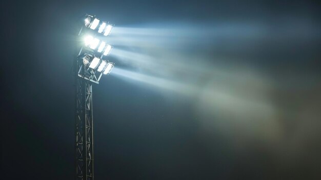 Photo an upclose shot of a single floodlight its beam shining brightly down onto the field below