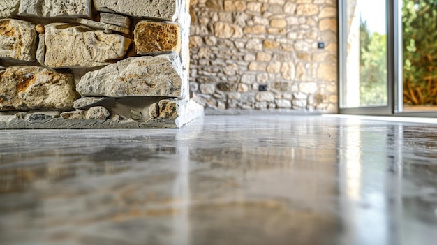 Upclose shot of weathered stone walls meeting a polished concrete floor illustrating the contrast