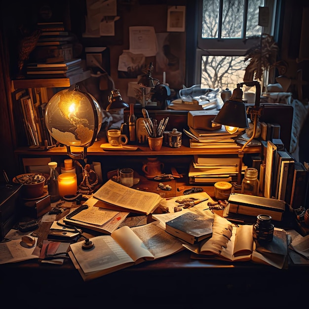 Upclose shot of a writer's desk with a clutter of books papers and writing implements that sugge