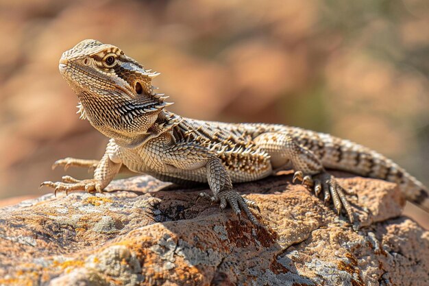 An upclose view of a bearded dragon perched on a r generative ai
