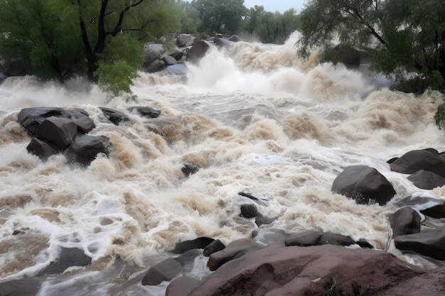 Upclose view of flash flood with water rushing and crashing over rocks