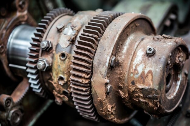 An upclose view of an old battered gearbox reveals its history and battle scars