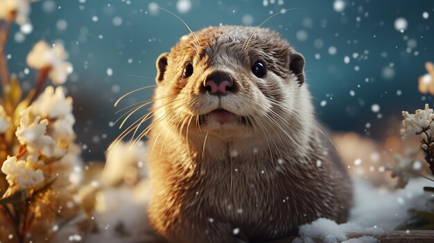 An upclose view of an otter in the snow during the winter Generative AI