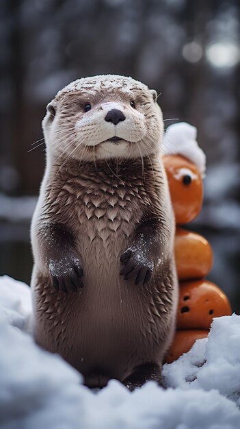 An upclose view of an otter in the snow during the winter Generative AI