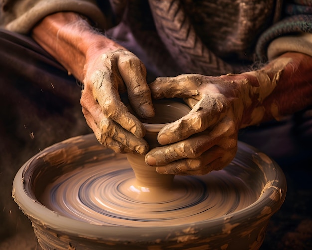 An upclose view of a potter's hands working with clay on a pottery wheel Generative AI