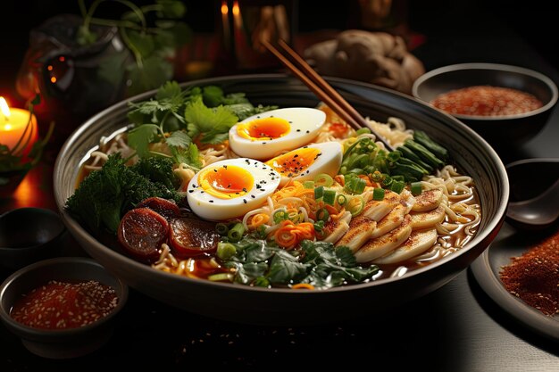 An upclose view of a steaming bowl of ramen brimming with flavorful broth tender noodles