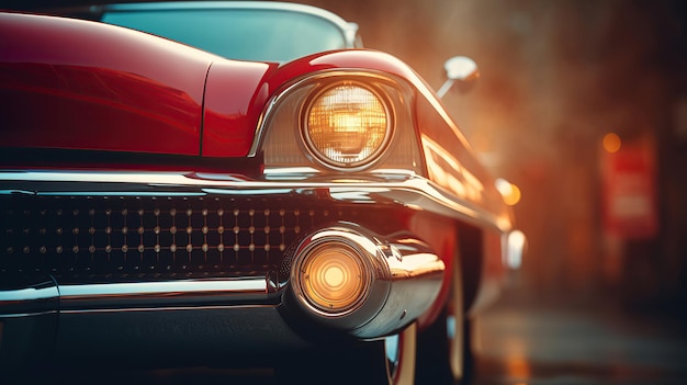 Upclose view of a timeless red car set against a backdrop