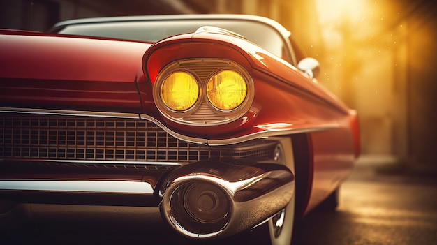 Upclose view of a timeless red car set against a backdrop