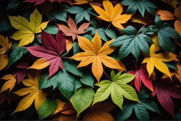 An upclose view of a vibrant assortment of colorful leaves