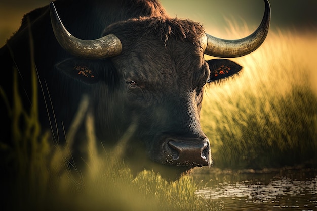 An upclose view of a water buffalo grazing in the sunshine