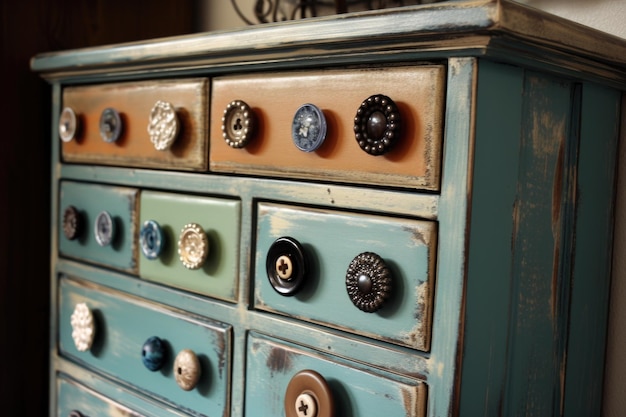 Upcycled kast met vintage knoppen en handgrepen gemaakt met generatieve AI