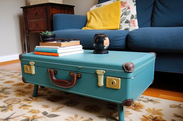 Photo upcycled vintage suitcase into coffee table or storage unit created with generative ai