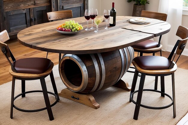 Upcycled wine barrel dining table with rustic charm