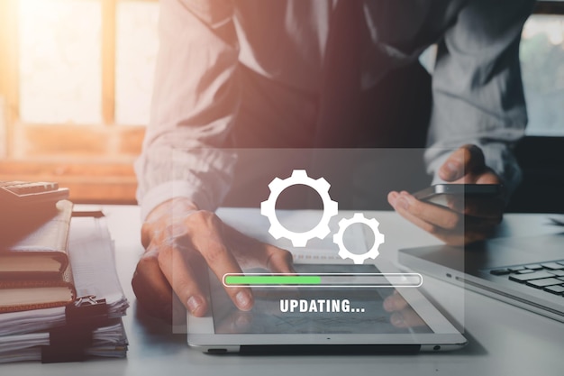 update progress concept person waiting for installing update process with loading bar icon on virtual screen
