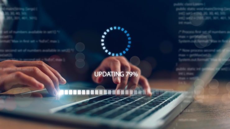 Photo update the software and install a new version system on the computer the upgrade program business technology internet loading bar with installing the update for the quality better