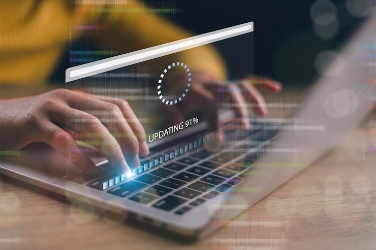 Photo update the software and install a new version system on the computer the upgrade program business technology internet loading bar with installing the update for the quality better