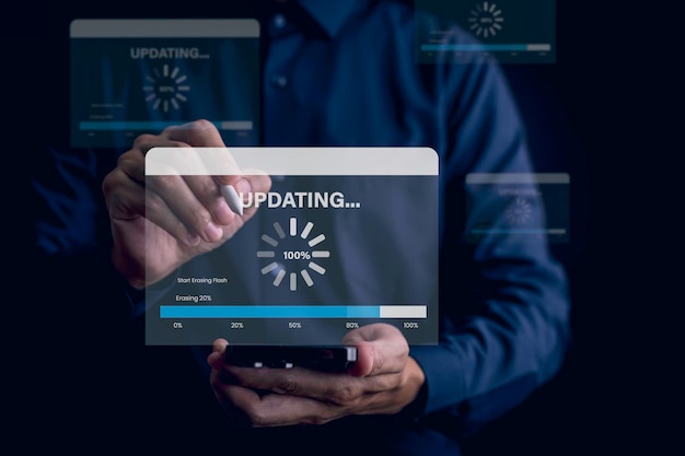Update software and installing new version system in computer Man upgrade program Business technology internet loading bar with installing the update for the quality better