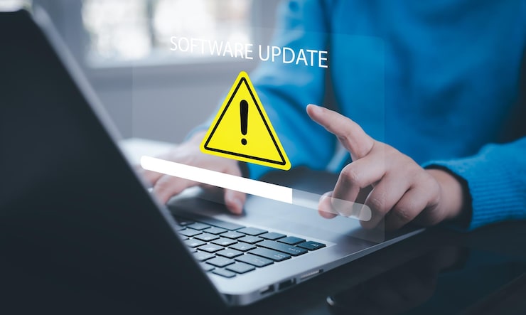 Photo 更新軟件和安裝新版本的系統在電腦中 人類升級程序 商業技術互聯網加載條與安裝更新以提高質量