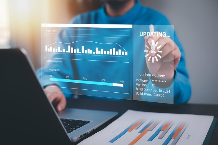 Photo update software and installing new version system in computer man upgrade program business technology internet loading bar with installing the update for the quality better