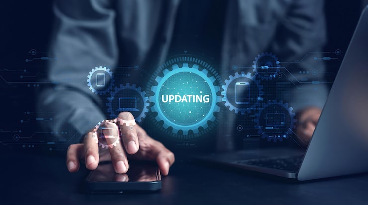 Photo 컴퓨터에서 소프트웨어 시스템을 업데이트 스마트 폰 업그레이드 프로그램을 사용하는 사람 비즈니스 기술 인터넷 로딩 가상 바와 더 나은 품질을 위해 업데이트를 설치