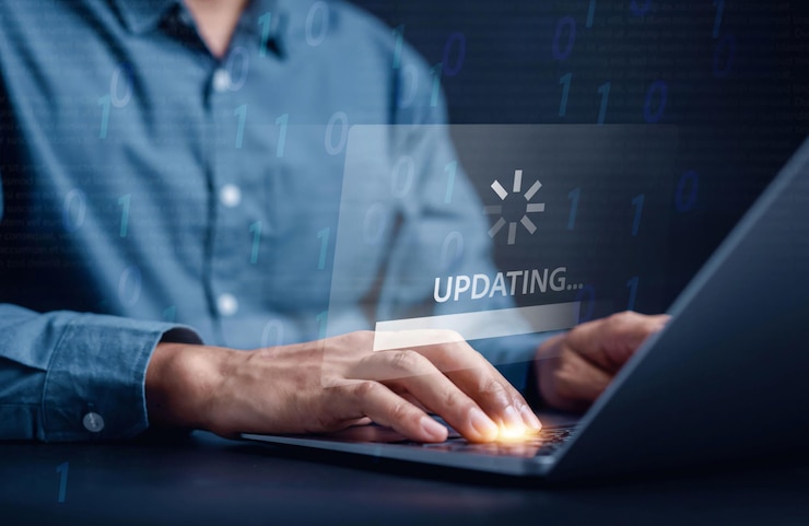 Photo update software system in computer man using smartphone upgrade program business technology internet loading virtual bar with installing the update for the quality better