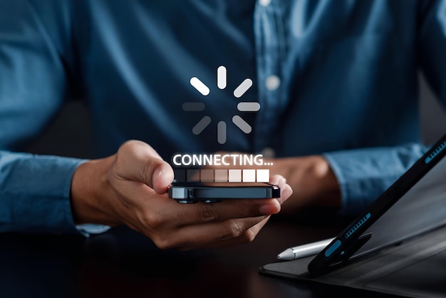 update software system in computer man using smartphone upgrade program business technology internet loading virtual bar with installing the update for the quality better