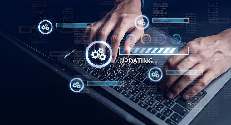 Photo update software system in computer man using smartphone upgrade program business technology internet loading virtual bar with installing the update for the quality better