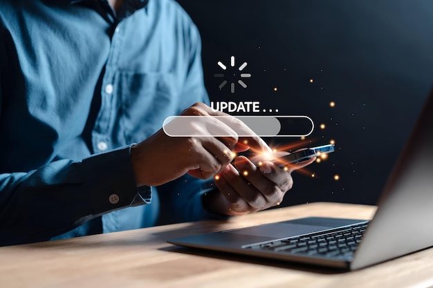 update software system in computer man using smartphone upgrade program business technology internet loading virtual bar with installing the update for the quality better