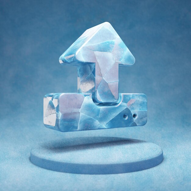 Upload icon. Cracked blue Ice Upload symbol on blue snow podium. Social Media Icon for website, presentation, design template element. 3D render.