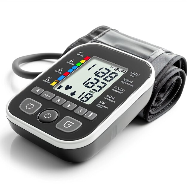 Photo upper arm digital blood pressure monitor at home with automatic system isolated white background