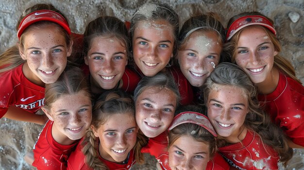 Photo an upper middle school softball team huddles on the baseball diamond