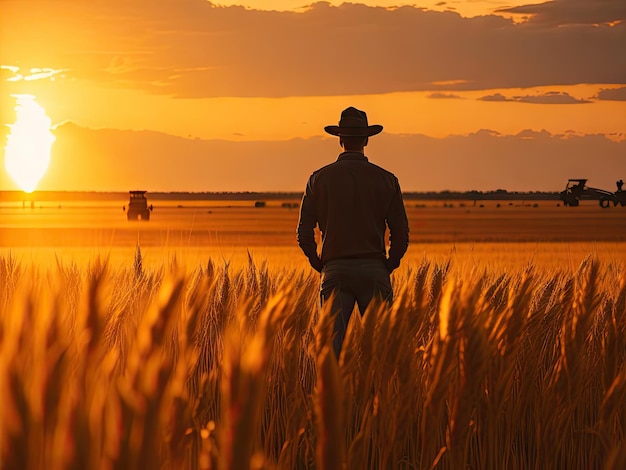 Upper part of a man silhouette standing in the field ai generative