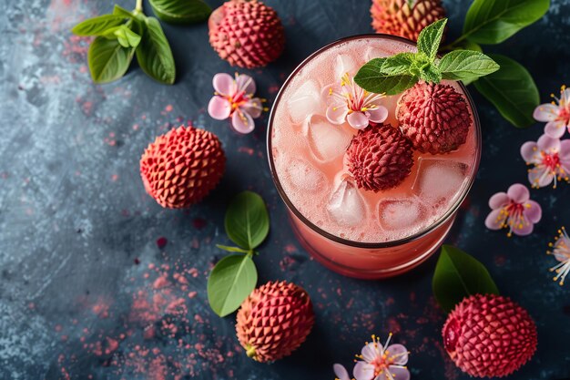 Upper picture of a Lychee Cocktail with lychee and leaves set against a black background with space for advertising Generative AI