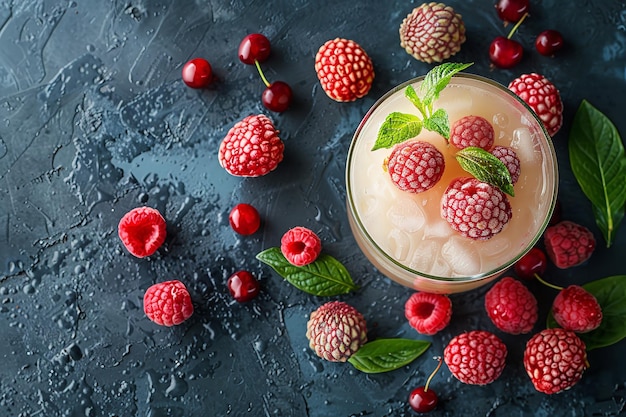 Photo upper picture of a lychee cocktail with lychee and leaves set against a black background with space for advertising generative ai