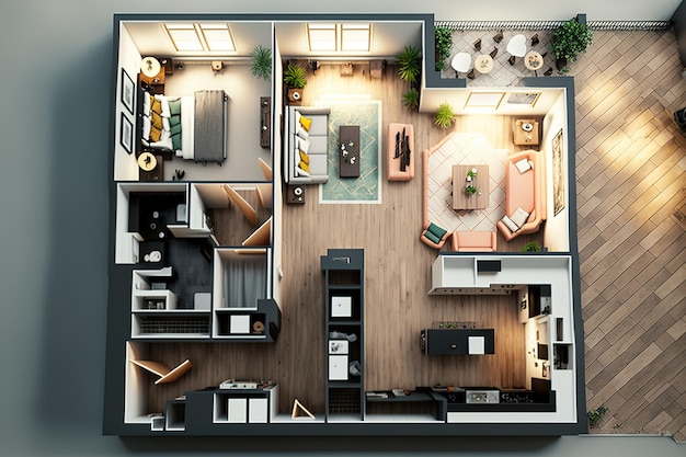 Верхний вид планировки этажа дома Планировка квартиры с открытой концепцией
