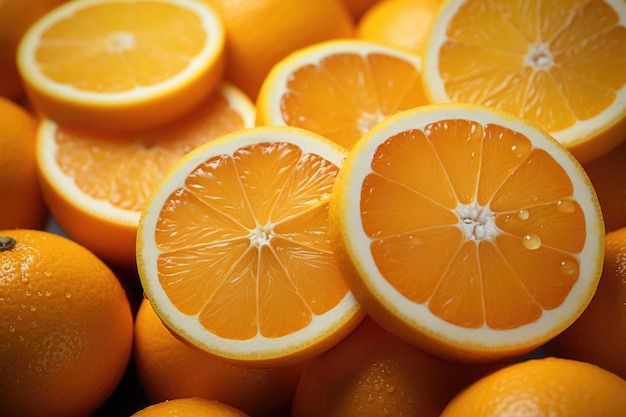 Upper view of many round orange slices generative ia