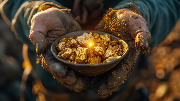 Photo upper view of a prospectors soiled hands holding a glistening gold nugget in a bowl tough work done by workers and space generative ai