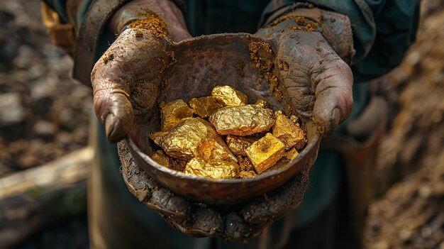 Photo upper view of a prospectors soiled hands holding a glistening gold nugget in a bowl tough work done by workers and space generative ai
