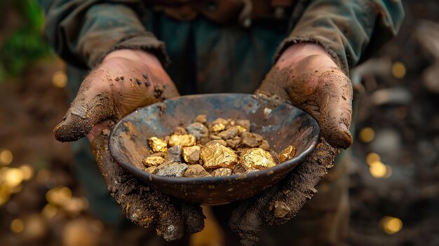 Photo upper view of a prospectors soiled hands holding a glistening gold nugget in a bowl tough work done by workers and space generative ai