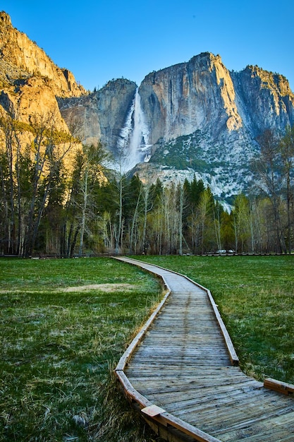 Upper Yosemite Falls viewed from amazing boardwalk across field