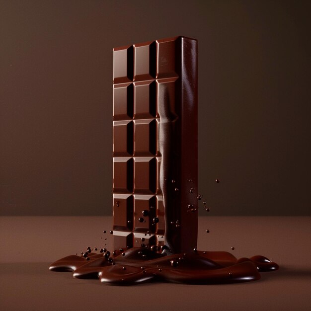 Upright chocolate bar with a subtle touch of melted chocolate on the 3D base
