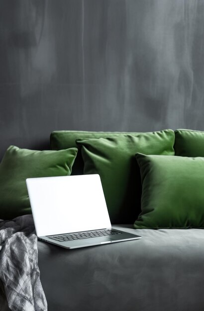 Photo upright laptop on a green couch