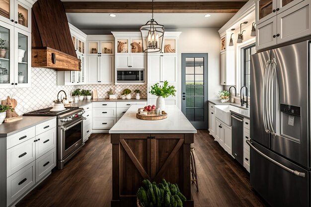 Upscale farmhouse kitchen with sleek appliances and modern fixtures