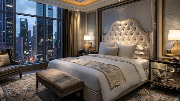 Photo an upscale hotel suite with a luxurious bed and a view of the city ai generated illustration