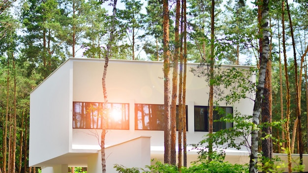 Upscale house in wooded area Fragment of a singlefamily house facade