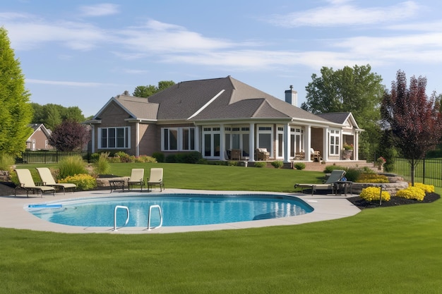 Upscale ranch house with manicured lawn swimming pool and gazebo